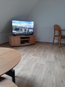 a living room with a flat screen tv and a table at 3 Zimmerwohnung am Neuer Teich in Wolfsburg