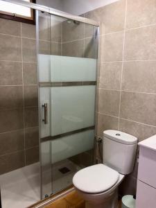a bathroom with a toilet and a glass shower at Finca Marañuela in La Perdoma