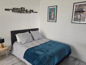 - une chambre avec un lit et une couverture bleue dans l'établissement F2 neuf tout confort proche Epinal/ lac de Bouzey, à Uxegney