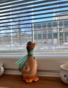 a rubber duck is sitting on a window sill at Kuninkaankatu Apartment - Free Parking in Kuopio