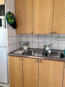 una cocina con fregadero y refrigerador en Kuninkaankatu Apartment - Free Parking, en Kuopio