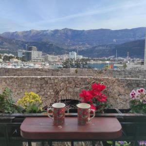 Guesthouse Bogdanovic في بودفا: كوبين قهوة على طاولة مع زهور عليها