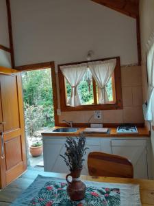 cocina con mesa, fregadero y ventana en Casa de montaña Tierras del sur I en Villa La Angostura