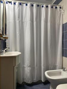 a bathroom with a shower curtain and a sink at Cuyen 1 Pleno Centro in Santa Rosa