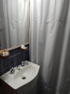 a bathroom with a sink and a shower curtain at Cuyen 1 Pleno Centro in Santa Rosa