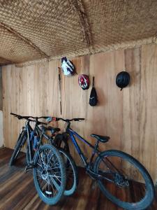 deux vélos garés à côté d'un mur avec des casques dans l'établissement Casa SABIA, 