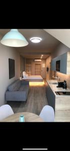 een keuken en een woonkamer met een bank en een tafel bij NB Apartments in Neurenberg