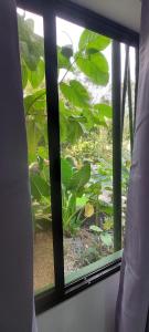 een raam met uitzicht op een tuin buiten bij Corcovado & Drake Inn in Drake