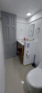 a bathroom with a toilet and a sink and a door at Corcovado & Drake Inn in Drake