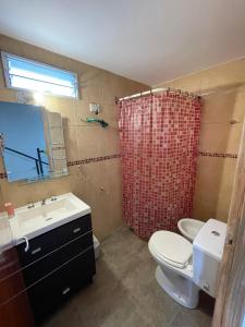a bathroom with a toilet and a sink and a shower at Tila Huasi in Villa Icho Cruz +16 photos