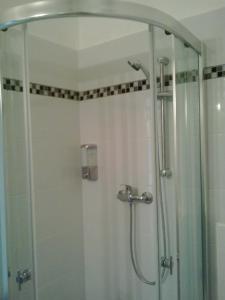 baño con ducha y puerta de cristal en Julia Apartment, en Budapest
