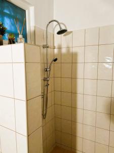 una doccia con soffione su una parete piastrellata di Luxusný apartmán v centre mesta a Piešťany