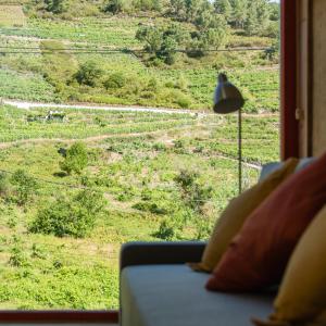 uma pessoa sentada num sofá a olhar pela janela para um campo em Casa do Lecer em La Teijeira
