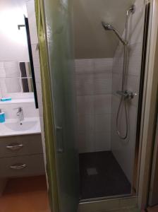 a shower with a glass door in a bathroom at Escale Élégante à Héricourt in Héricourt