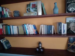 Uma prateleira com livros e um relógio. em Il ponticello em Caprarola