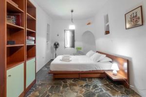 Schlafzimmer mit einem Bett, einem Schreibtisch und Regalen in der Unterkunft Aegean Cottage Andros in Makrotándalon