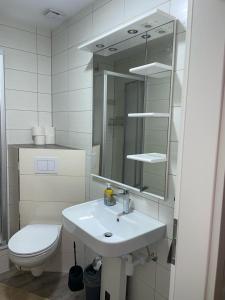 a bathroom with a sink and a toilet and a mirror at Diner/Bremerstraße 16 in Ostercappeln