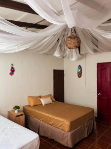 a bedroom with a bed and a ceiling with curtains at Hostal Lenha in Concepción de Ataco