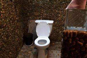 a bathroom with a toilet in a stone wall at Tree Top Eco-Lodge in Banlung