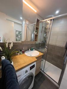 La salle de bains est pourvue d'un lavabo, d'une douche et d'un lave-linge. dans l'établissement O'Rits Paris - Magnifique appartement proche Paris, à Rueil-Malmaison
