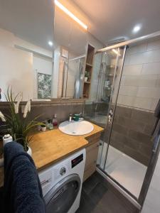 a bathroom with a sink and a shower and a washing machine at O'Rits Paris - Magnifique appartement proche Paris in Rueil-Malmaison +23 photos