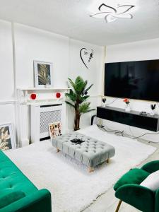 a living room with a green couch and a tv at Quiet single bedroom in Harrowden
