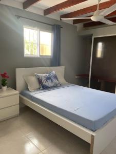 een bed in een slaapkamer met een plafondventilator bij New Haven Guesthouse in Sosúa