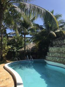uma piscina com palmeiras e uma parede de pedra em New Haven Guesthouse em Sosúa