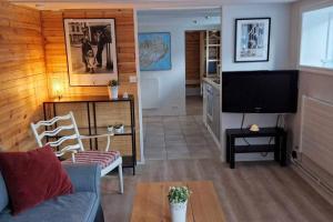 een woonkamer met een bank en een televisie bij Charming apartment in Old town - great location in Reykjavík