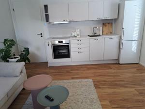 ein Wohnzimmer mit einer Küche mit weißen Schränken in der Unterkunft Stilvolles Appartement in Kaufbeuren