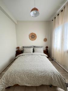 a bedroom with a large bed and a pendant light at Aurora Pelion Guest House in Kato Gatzea