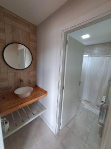 a bathroom with a sink and a mirror and a shower at Go Patagonia! in El Calafate