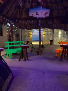 塞萊斯頓的住宿－Hotel San Julio，一组桌子和长椅,位于一座拥有海滩的建筑中
