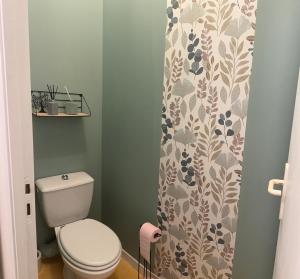 uma casa de banho com um WC e uma cortina de chuveiro em Apparemment cosy et chaleureux em Montauban