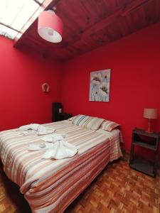 a bedroom with a large bed with red walls at Hospedaje Miguel in Maimará