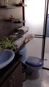 W łazience znajduje się niebieska toaleta i umywalka. w obiekcie Villasol - Cabaña campestre en medio de la naturaleza w mieście Rionegro