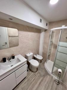 ein Bad mit einem WC, einem Waschbecken und einer Dusche in der Unterkunft Casa do Castro in Bragança