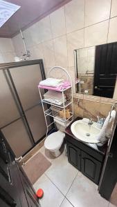 uma casa de banho com um lavatório, um WC e um espelho. em Casa morfo em Bijagua