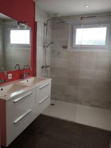 uma casa de banho com um chuveiro, um lavatório e um espelho. em Maison familiale proche plage em Lorient