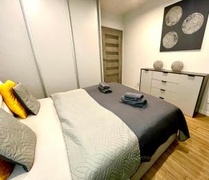 una camera con un grande letto e un comò di Apartament Rejs a Ostróda