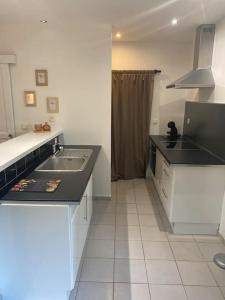 cocina con fregadero y encimera en Gîte avec spa, en Saint-Avit-Sénieur