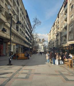 a group of people walking down a city street at Lovely square apartment Purple Velvet 43 Macedonia Stree in Skopje
