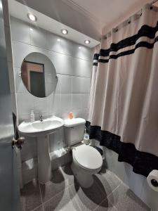La salle de bains est pourvue de toilettes, d'un lavabo et d'un miroir. dans l'établissement Departamento diario Copiapo centrico, à Copiapó