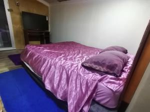 a bed with purple sheets and pillows in a room at Los canelos in Puerto Natales