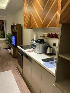 eine Küche mit einer Arbeitsplatte und einer Mikrowelle in der Unterkunft Brand & Luxurious Suite near- Mall of Istanbul in Istanbul