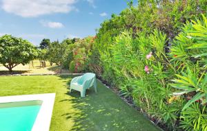 ein blauer Stuhl im Gras neben einem Garten in der Unterkunft Le Mazet De Flandrin in Maussane-les-Alpilles