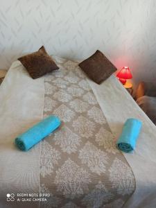 - un lit avec 2 oreillers bleus au-dessus dans l'établissement Korkalonkatu citycenter apartmen, à Rovaniemi
