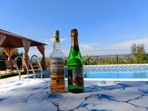 dos botellas de champán sentadas en una mesa cerca de una piscina en Forest Villa,good view,biggest pool 78 m2,summer resort,Heights,cute squirrel,in City of misic en Lliria