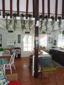 a kitchen with chairs and a table with plants at Bungalow Ocean View wifi in Patillas