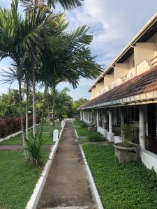 a sidewalk next to a building with palm trees at Green Island Nature lodge and Villa in Kammala South